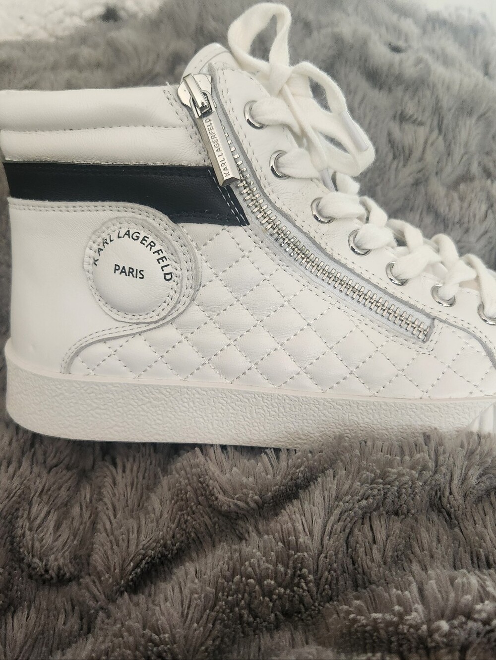 Karl Lagerfeld White Quilted High-Top Sneaker with Black Stripe